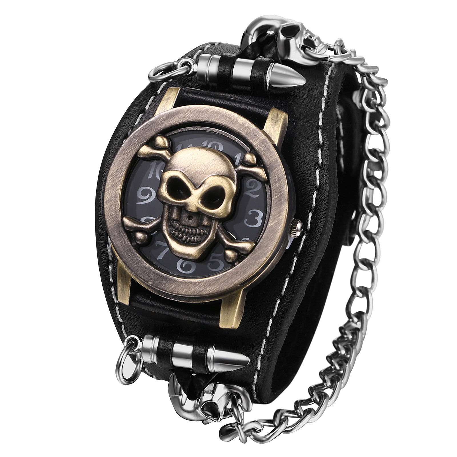 Unisex Geniune Leather Quartz Wrist Watch Openable Skull Case Chain Bullet Decor