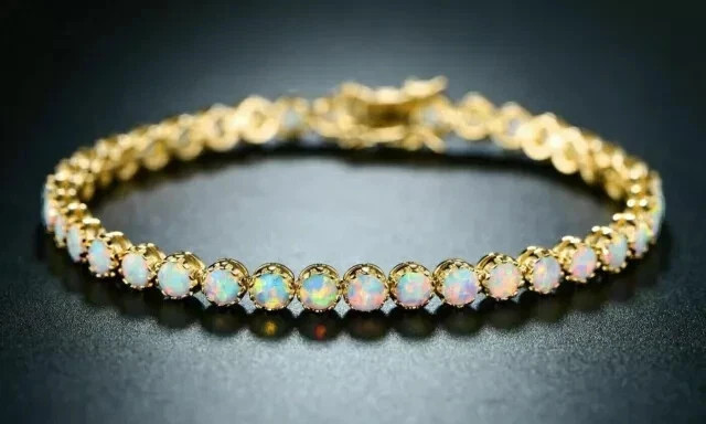 7Ct Round Lab Created Fire Opal Women’s Tennis Bracelet 14K Yellow Gold Plated