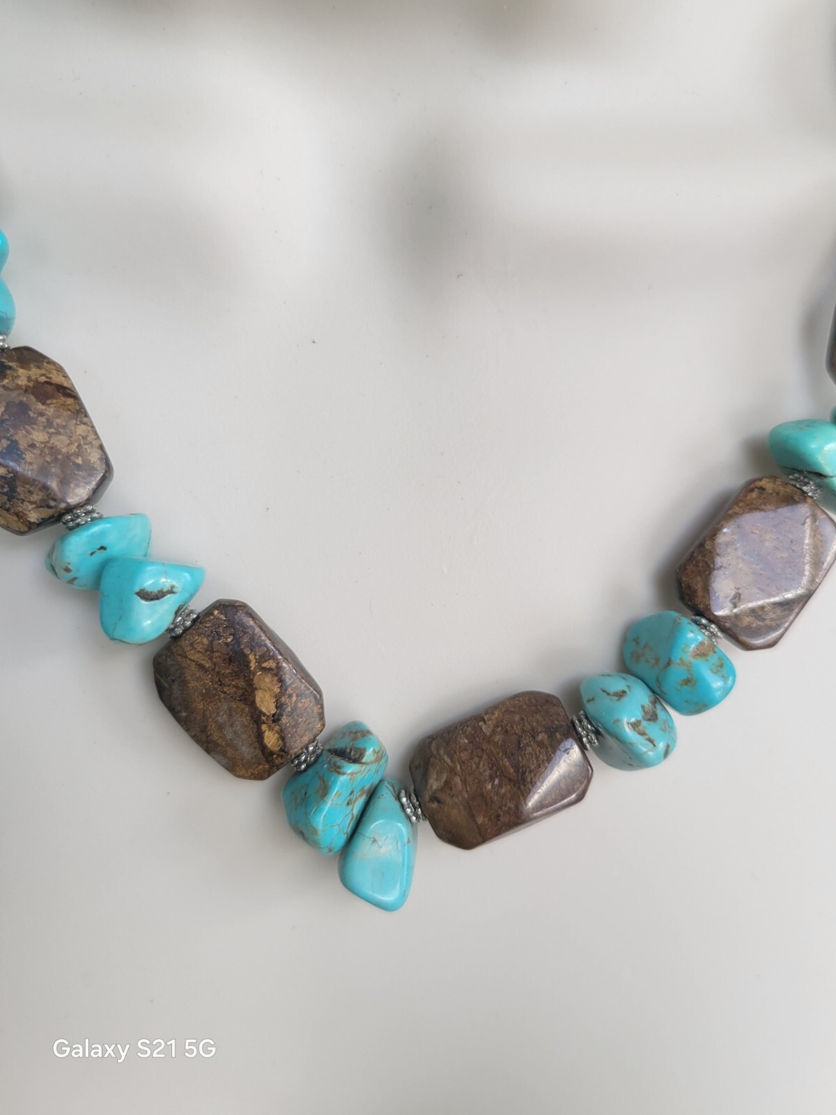 Turquoise-Bronzite Necklace 20″ Long Boho Chic Artisan Made Adjustable OOAK