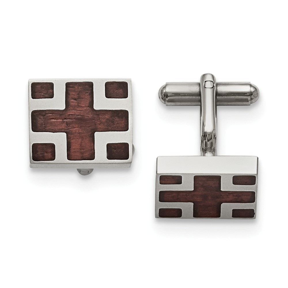 Men’s Stainless Steel and Wood Inlay Cross Rectangular Cuff Links