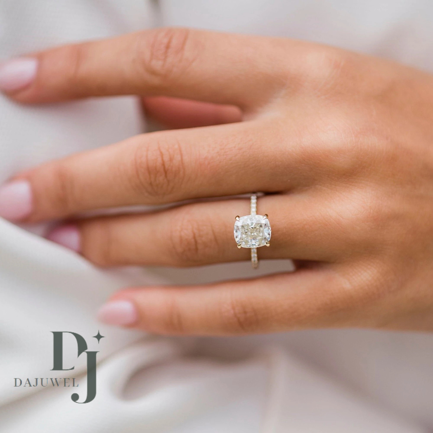 Moissanite Hidden Halo Engagement Ring Solid 14K White Gold 2.00 CT Cushion Cut