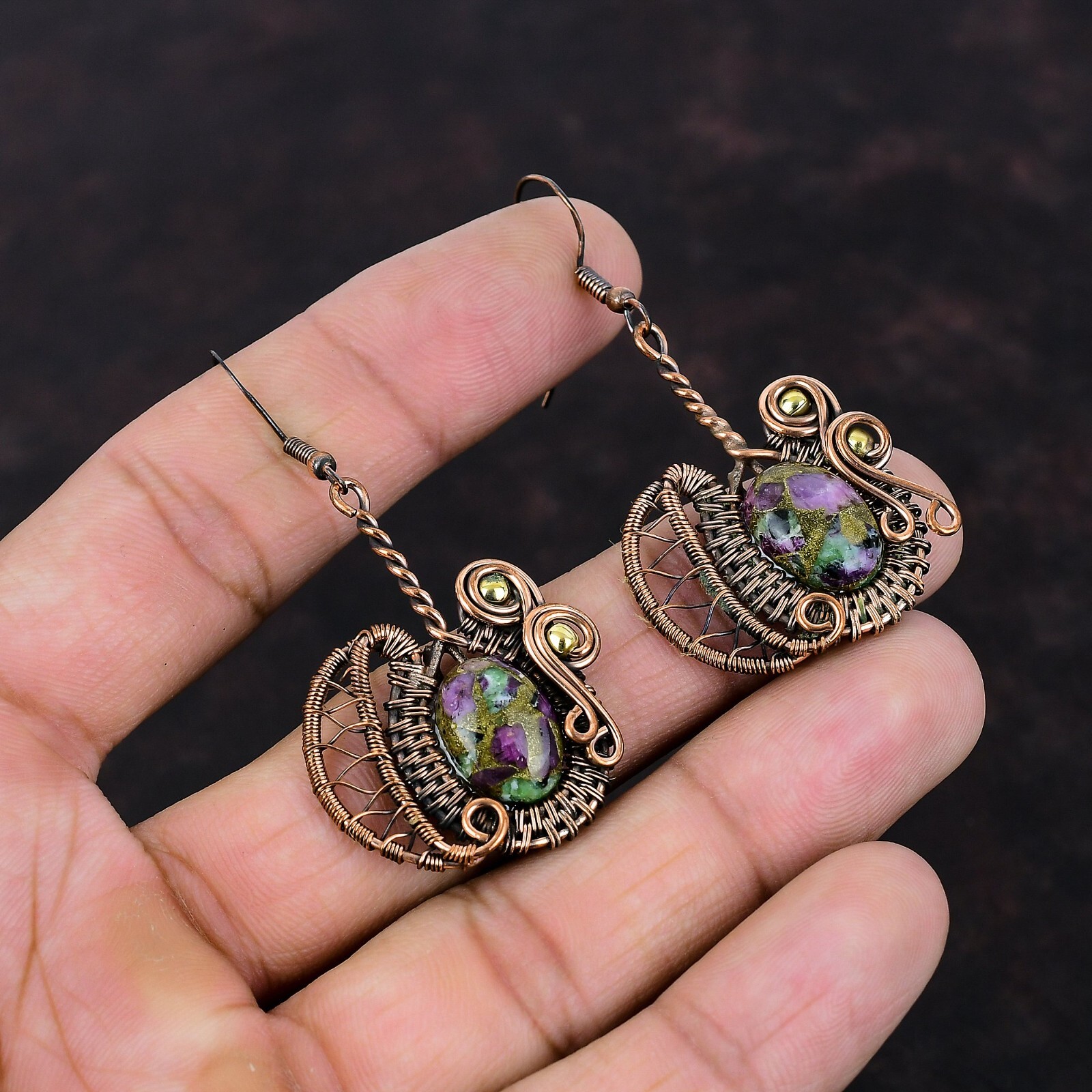 Gift For Women Wire Wrapped Drop/Dangle Earrings Copper Ruby Zoisite 2.28″