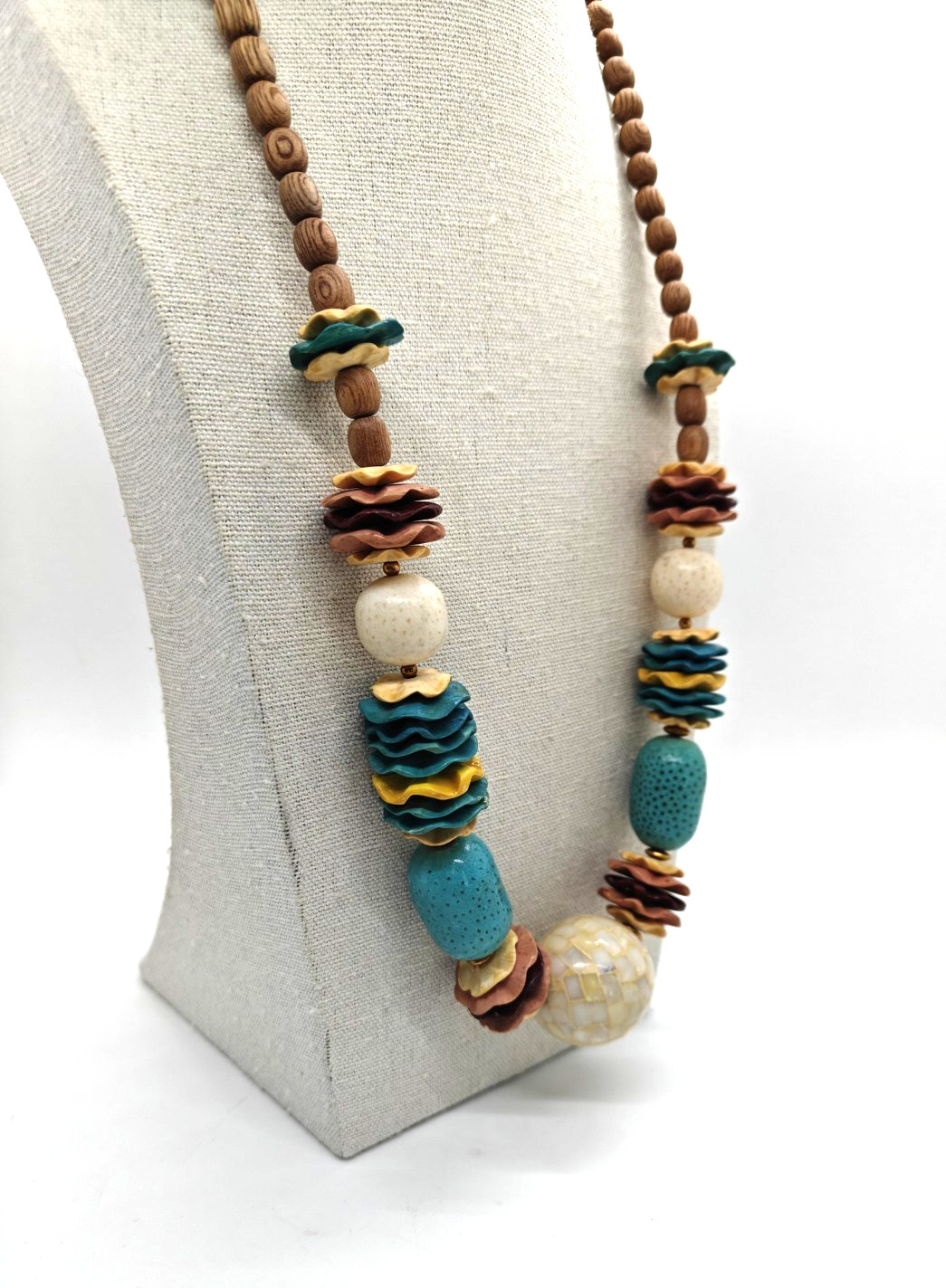 Wooden Boho Necklace Mother Of Pearl Bead Blue Yellow Pink Brown Colorful