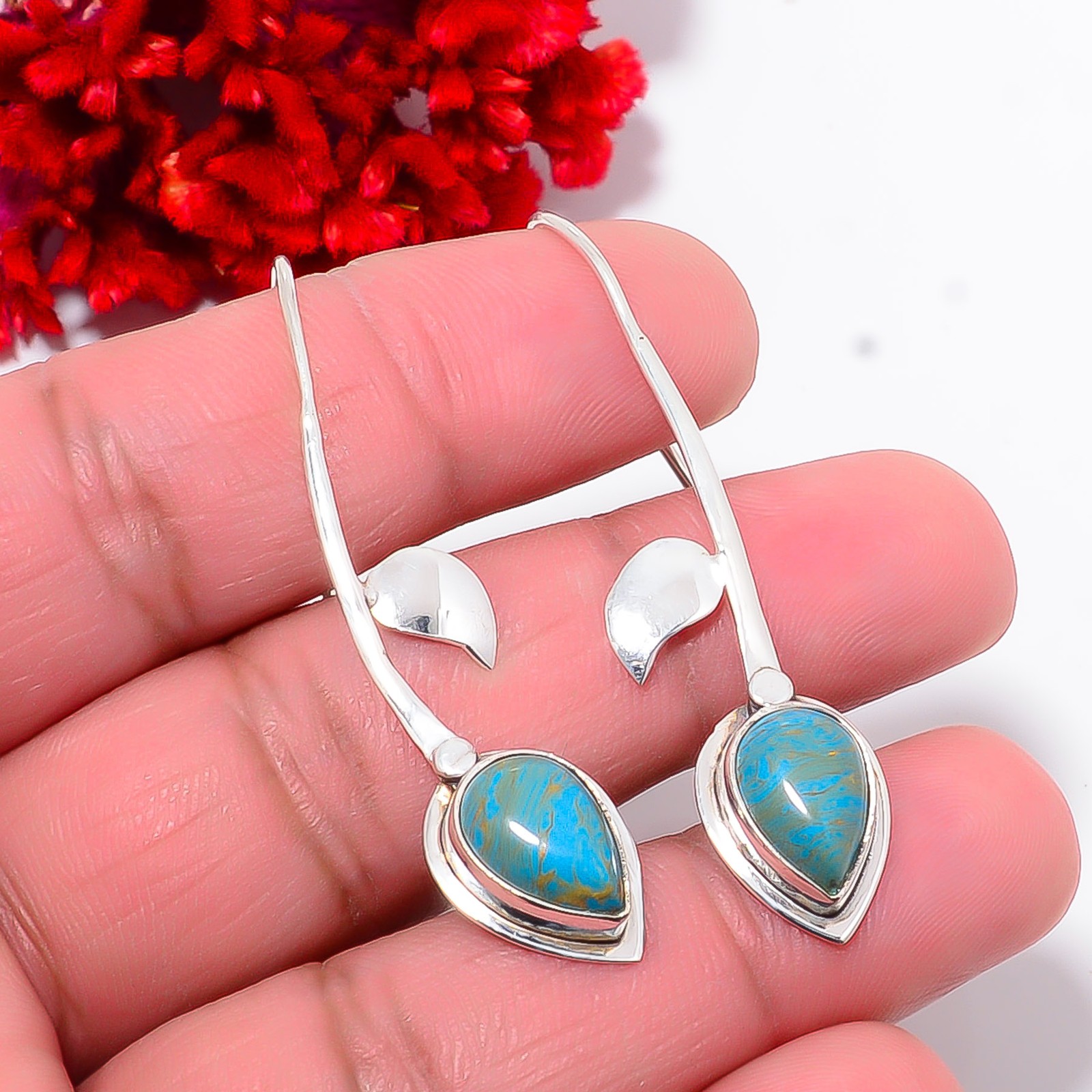 Copper Blue Turquoise Designer Handmade 925 Sterling Silver Earring 2.07″ E11118