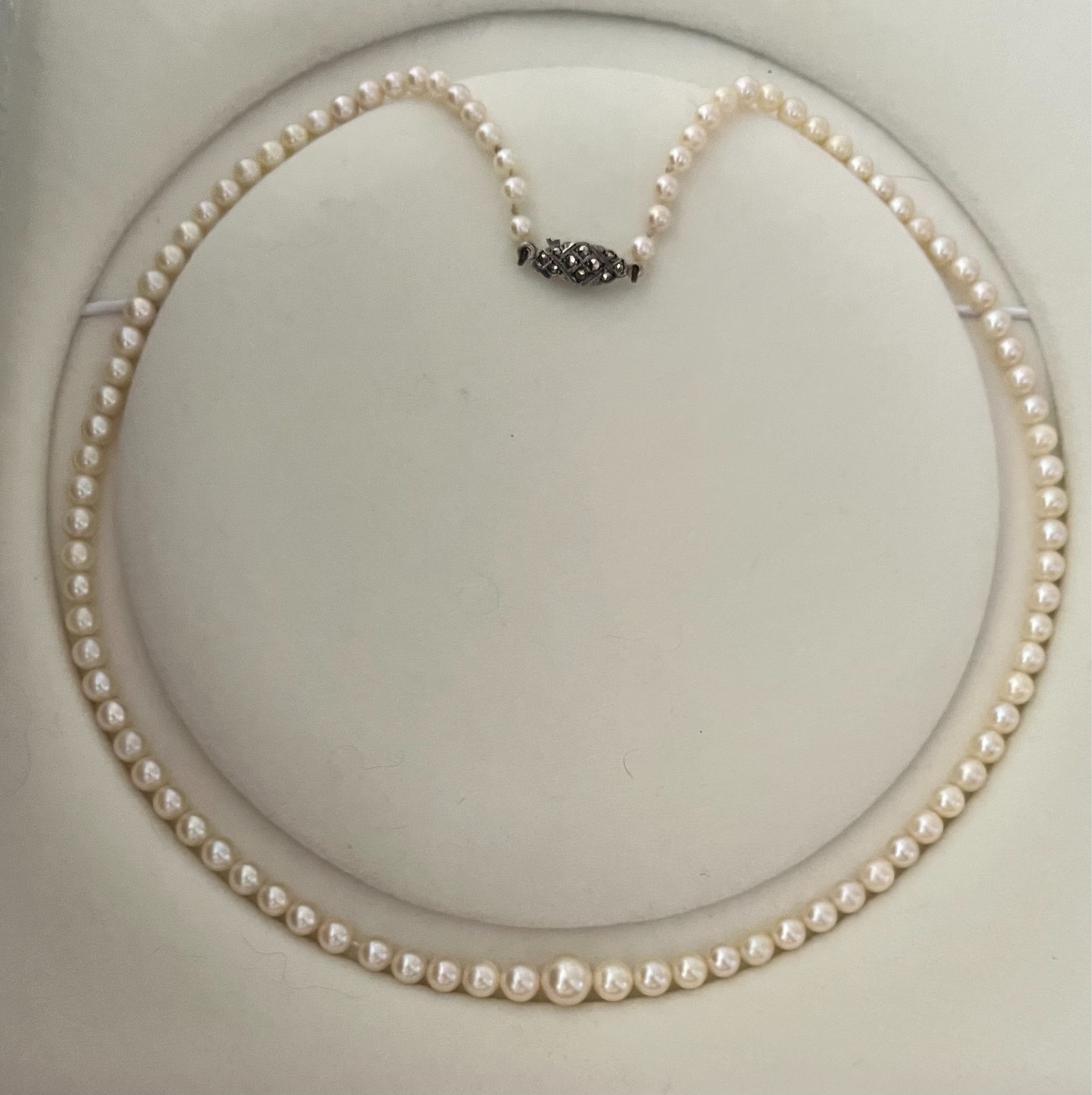 Art Deco Graduated Akoya Pearl Necklace 3.6-7.2mm 45.5cm Silver Marcasite Clasp