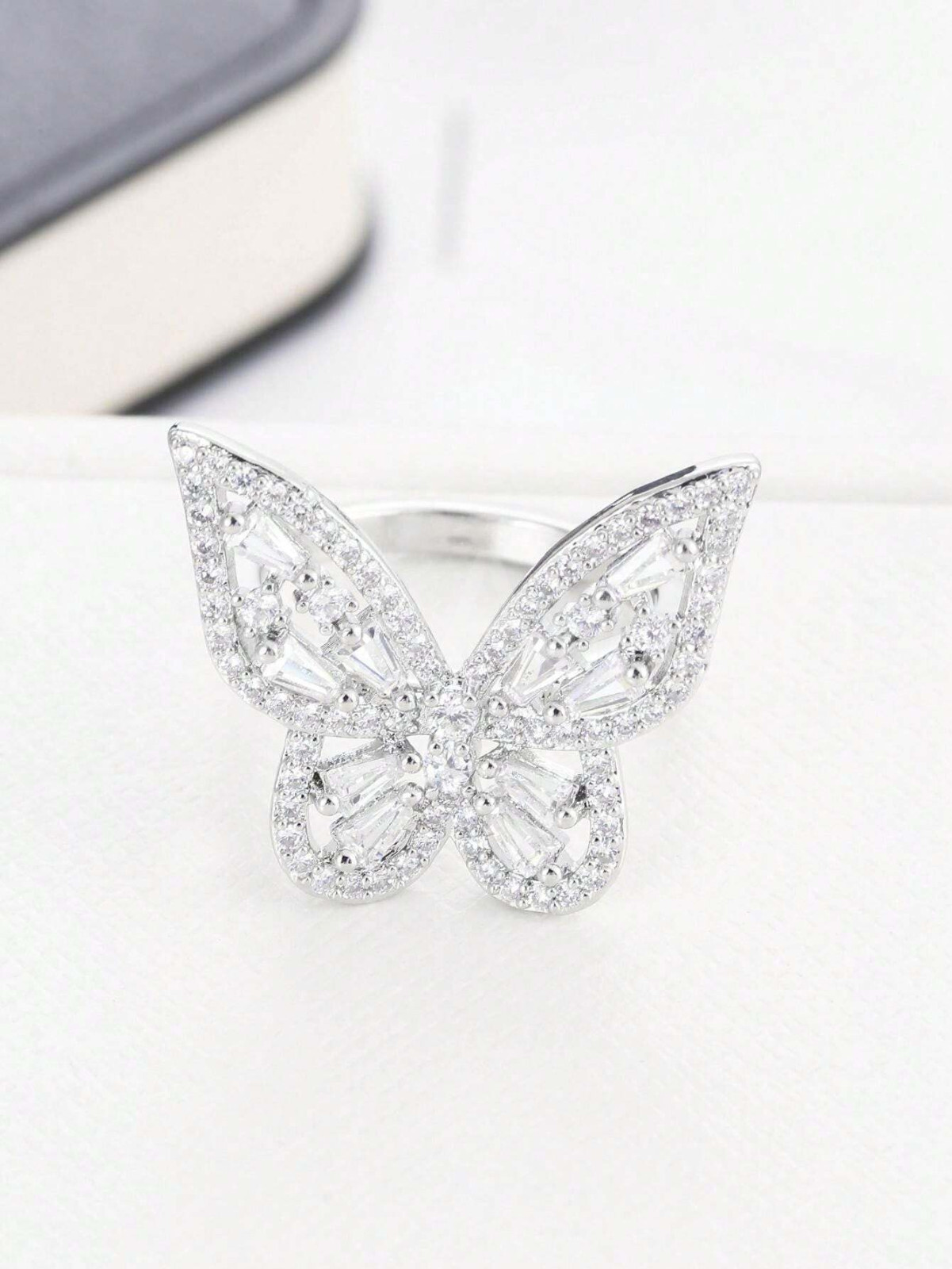 4ct Baguette Cut Simulated Diamond Butterfly Cocktail Ring 14K White Gold Plated