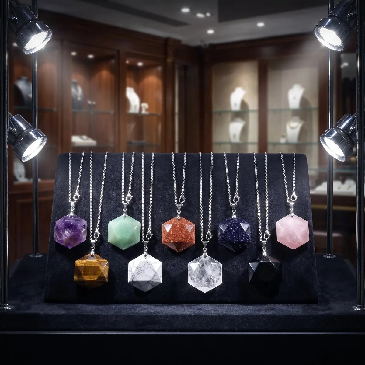6PCS 22mm Faceted Hexagon Natural Stone Necklace Healing Crystal Pendant