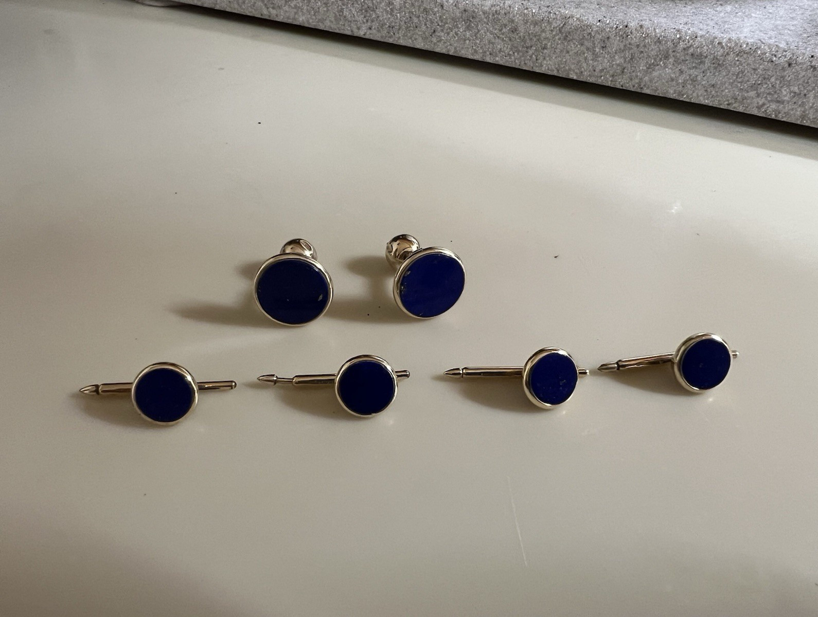 14K Gold Cufflinks & Shirt Stud Set – Blue Enamel – Vintage Formal Tuxedo Access