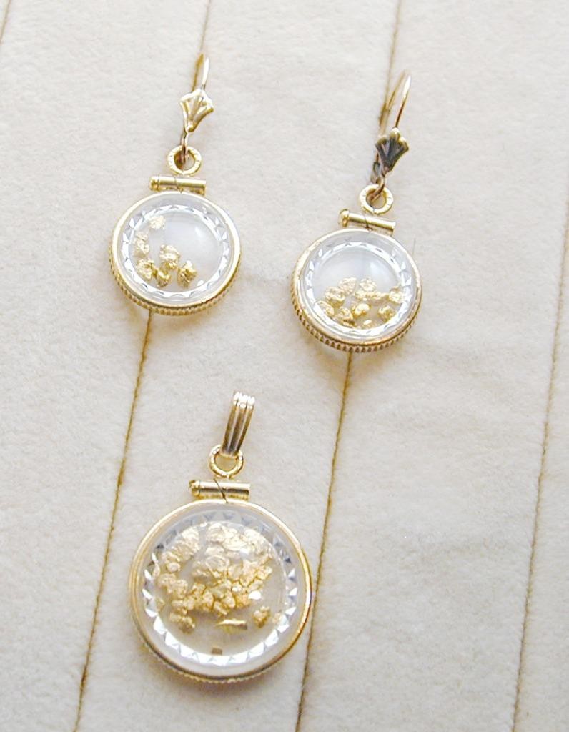 Natural Gold mining Placer Nuggets Pendant & Pierced Earrings Set GF Setting