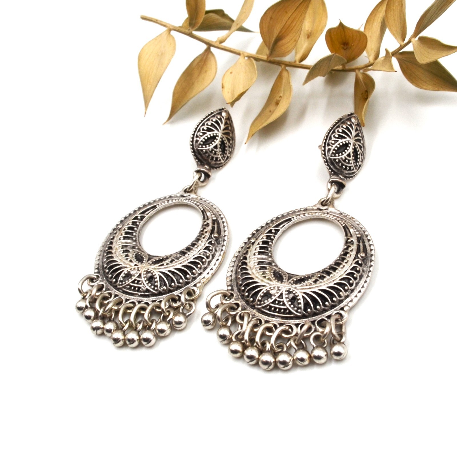 Boho Ethnic Antique Silver Crescent Chandelier Dangle Fringe Bohemian Earrings