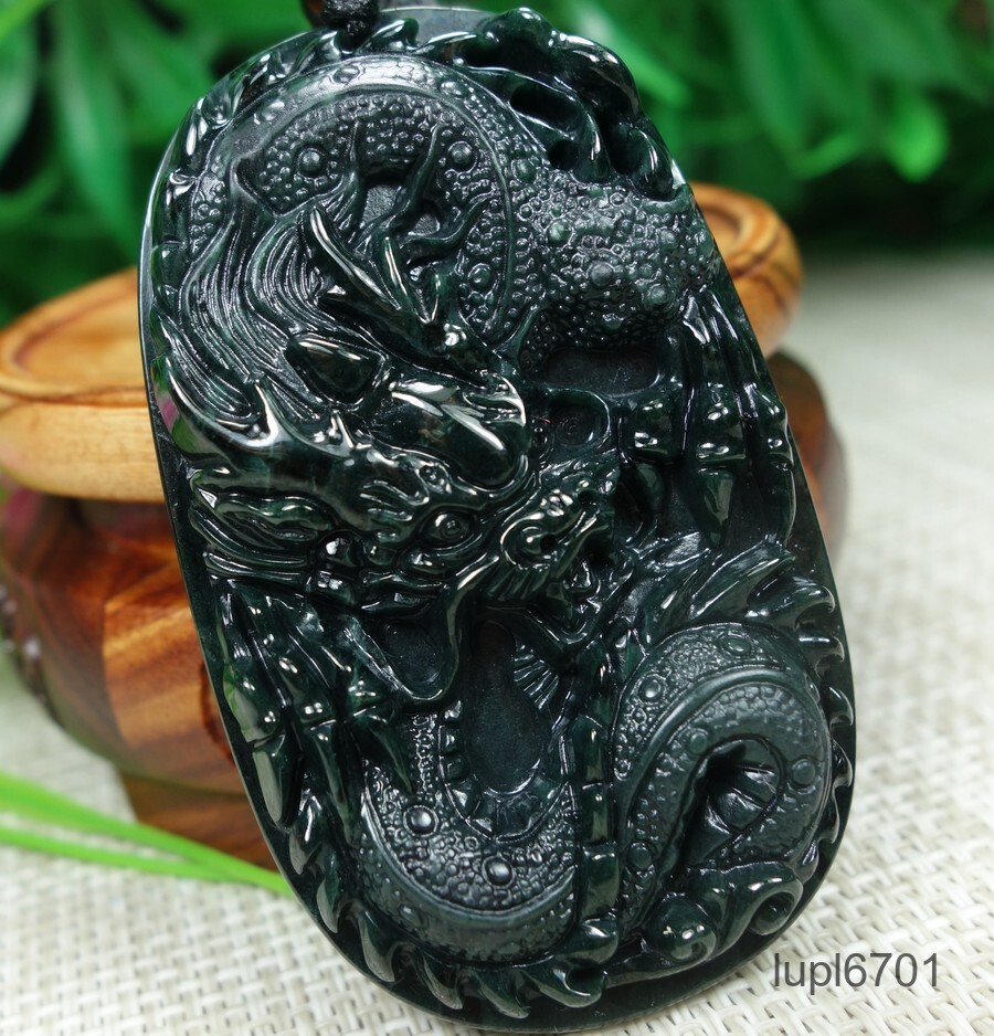 Certified Black green Burma Type A 100%Natural A Jadeite Jade Pendant~Dragon墨翠龙