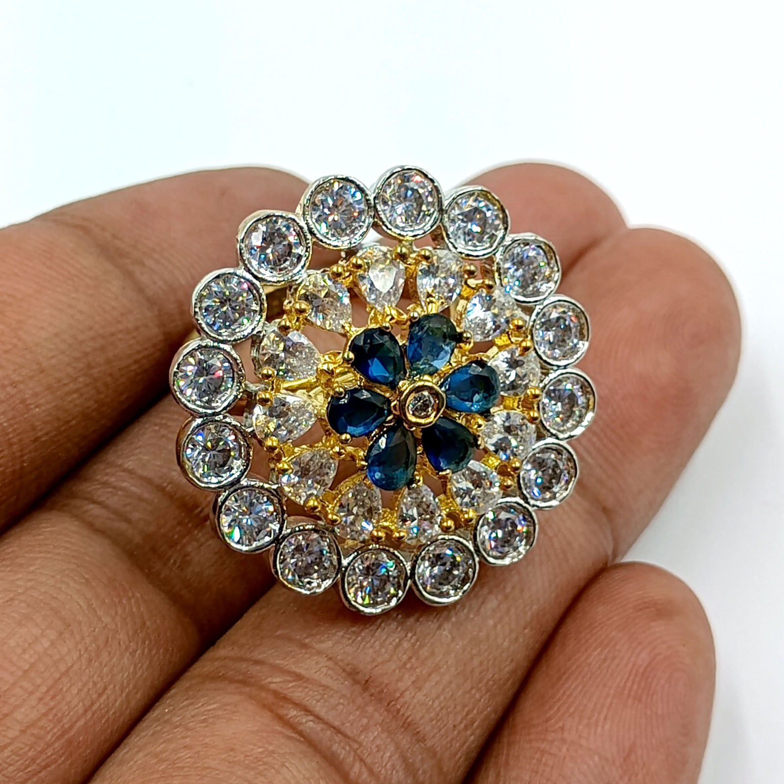 South Indian Style Pear Sapphire Ring 22k Gold Plated CZ Diamond Adjustable Band