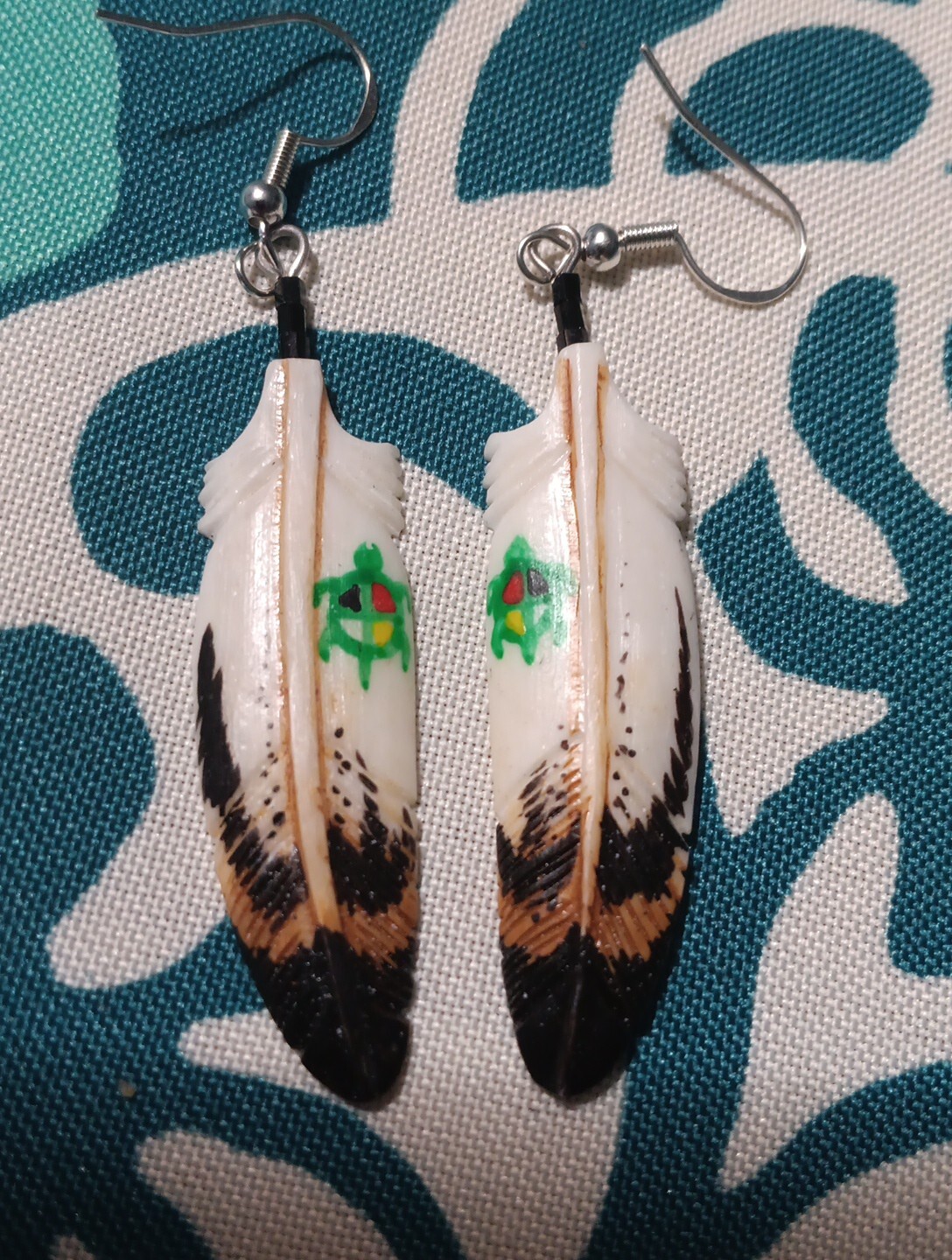 HANDMADE CARVED WATER BUFFALO BONE FEATHER EARRINGS ALASKA BONEYARD COLLECTION