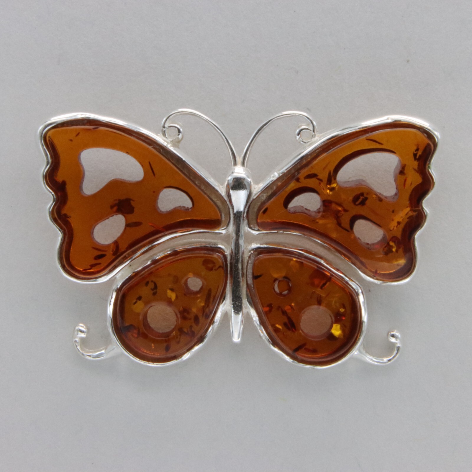 Cognac / Brown BALTIC AMBER Butterfly Pendant – 925 STERLING SILVER Poland 3183e