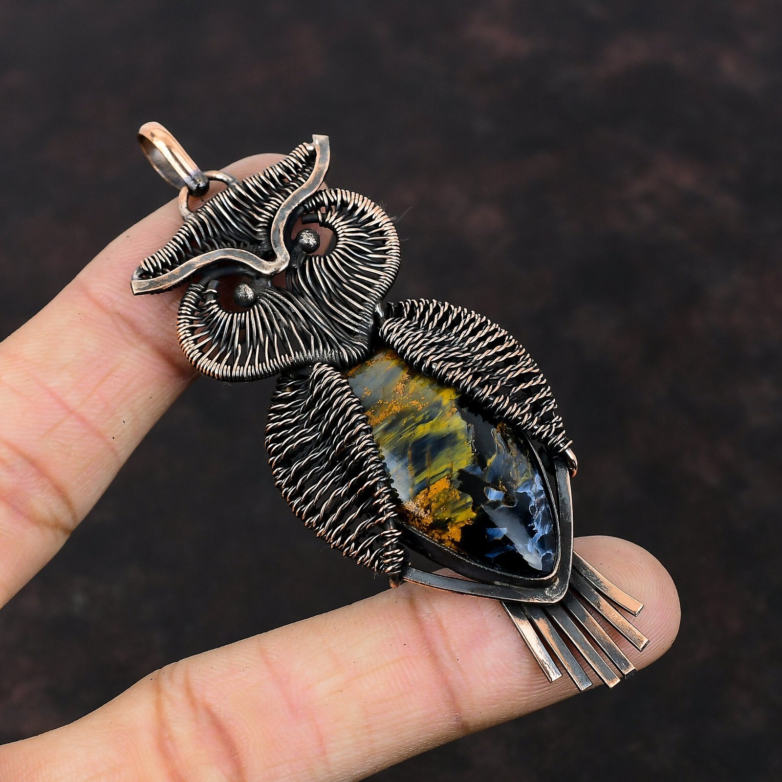 Sisters Day Sale Copper Pear Pietersite Stone Wire Wrapped Owl Pendant Jewelry