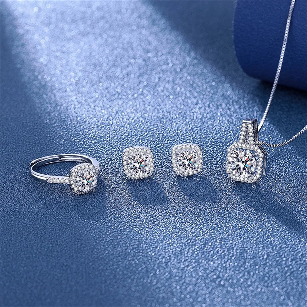 3PCS CZ Stone Jewelry Set Necklace Earrings Ring Silver Tone Women Gift