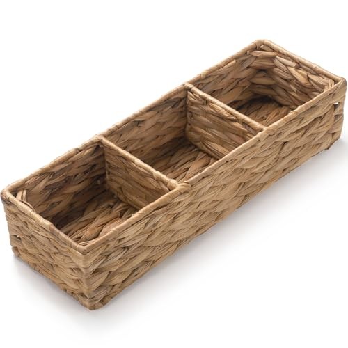 Wicker Bathroom Basket with 3 Compartments, Water Hyacinth 16.5″ x 5.5″ x 3.5″