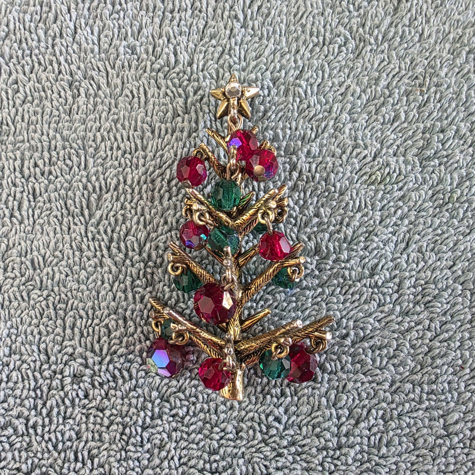 Vintage Hollycraft Christmas Tree Dangle Glass Bead Ornaments Brooch Pin, Signed