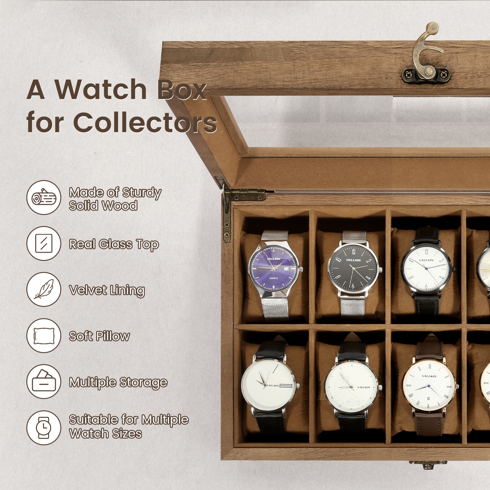 10 Slots Watch Box Wooden Jewelry Organizer Display Case with Glass Lid Gift