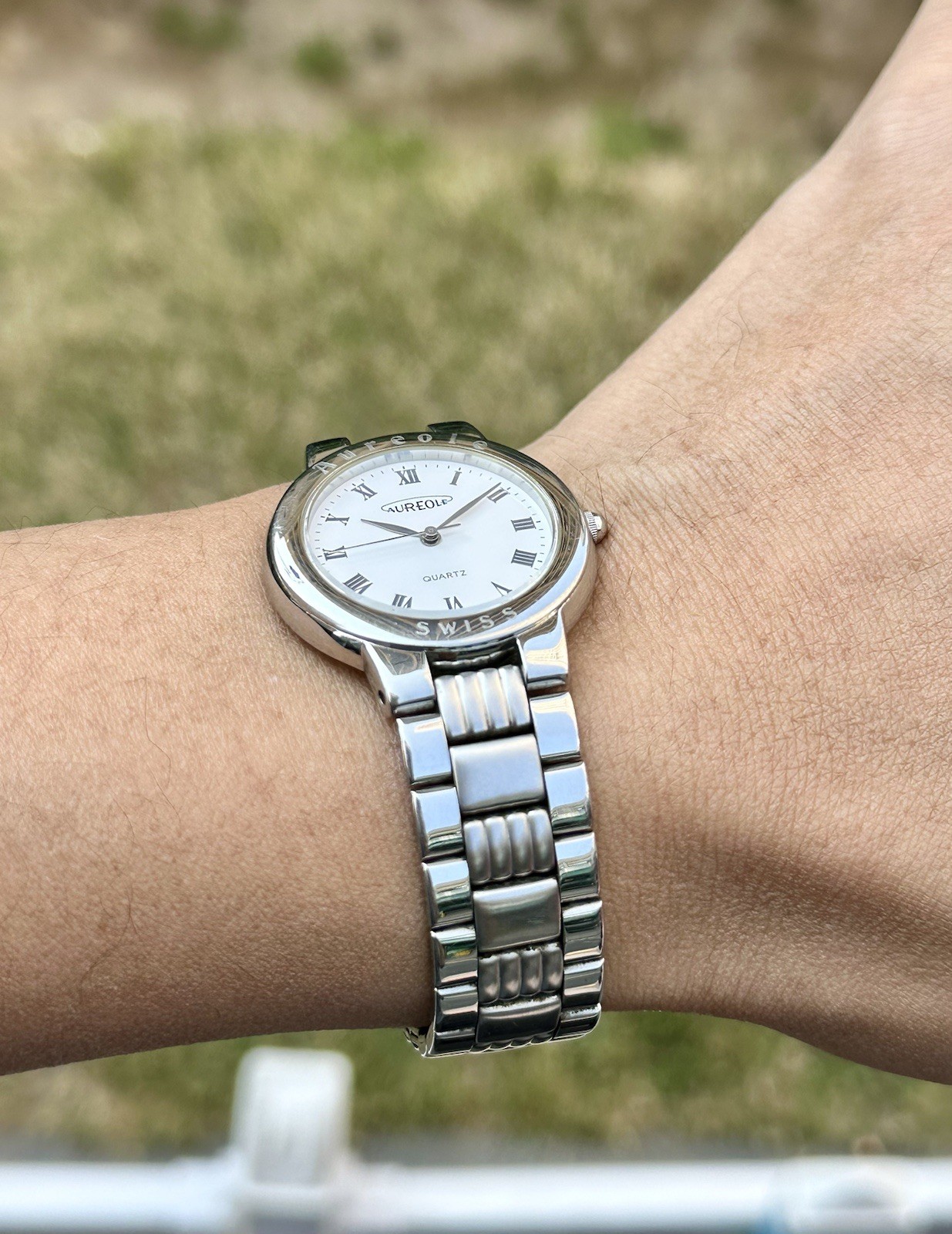 Vintage Aureole Swiss Quartz Watch 31mm All Stainless Steel Integrated Bracelet