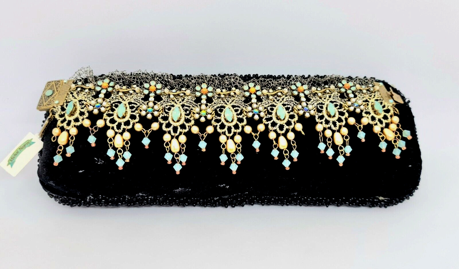 Lovely Michal Negrin Fabric Lace Bracelet Crystal Flowers Unique.