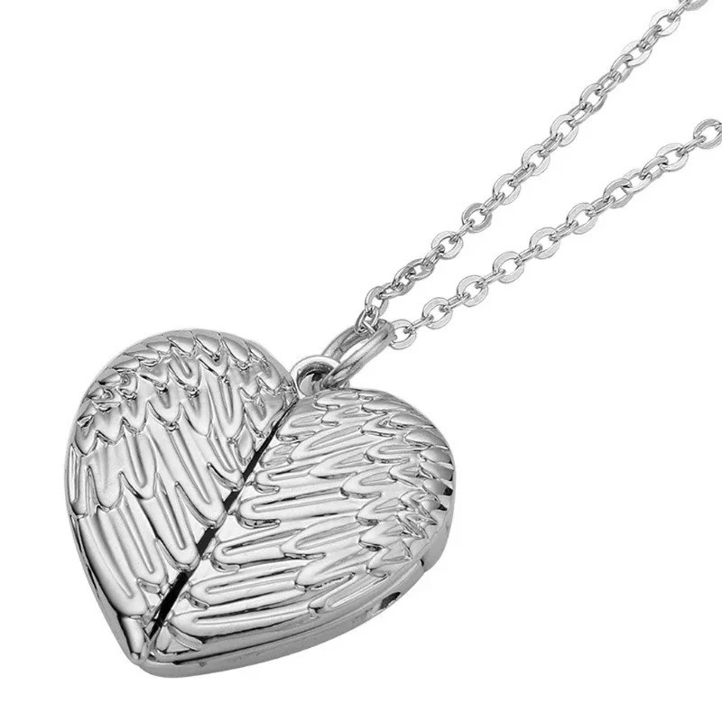 Angel Wings Heart Photo Locket Necklace DIY Memory Pendant Gift for Women Antiqu