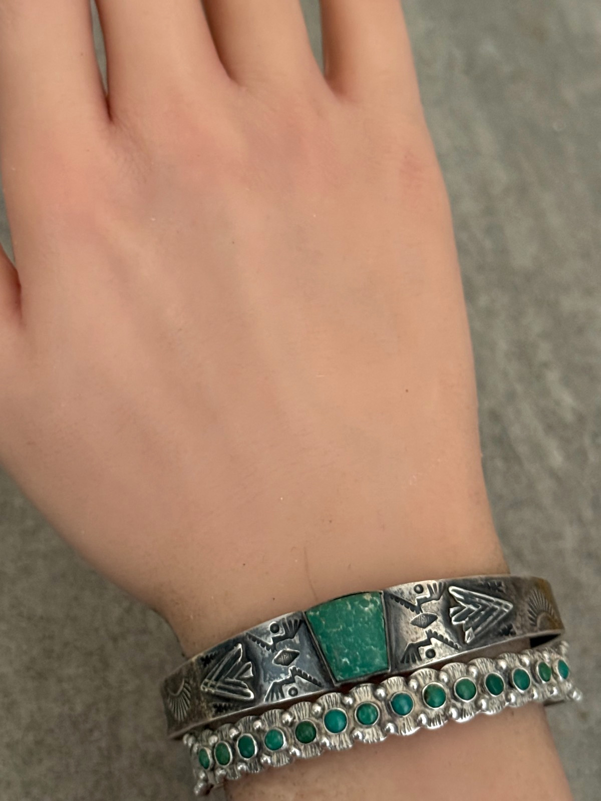 Vintage FRED HARVEY Navajo Snake eye Turquoise Sterling Bracelet 6.7 in