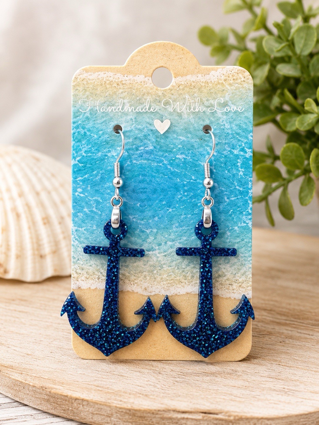 Nautical Anchor Earrings Blue Glitter Acrylic Dangle Handmade