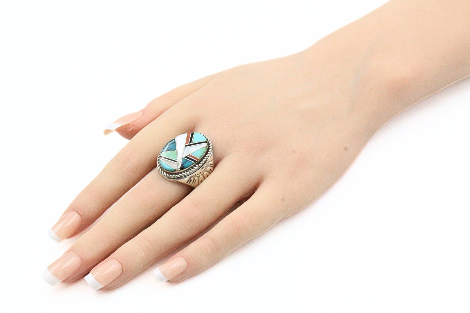 Marvelous Roger Skeet Jr Inlaid Turquoise MOP Coral Sterling Silver Navajo Ring