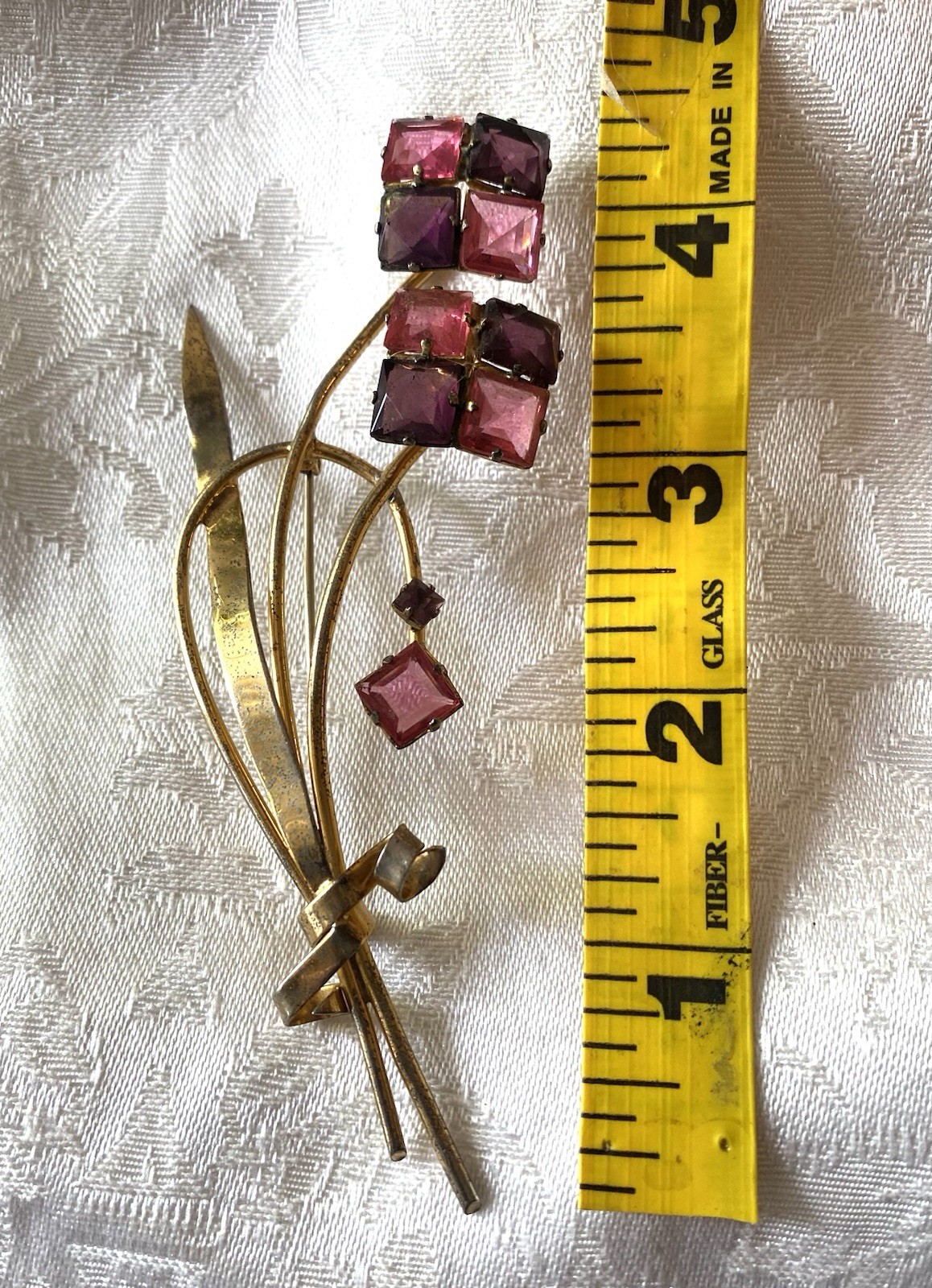 Vintage Art Deco Sterling Silver Floral Gold Plated Pink Stones Brooch