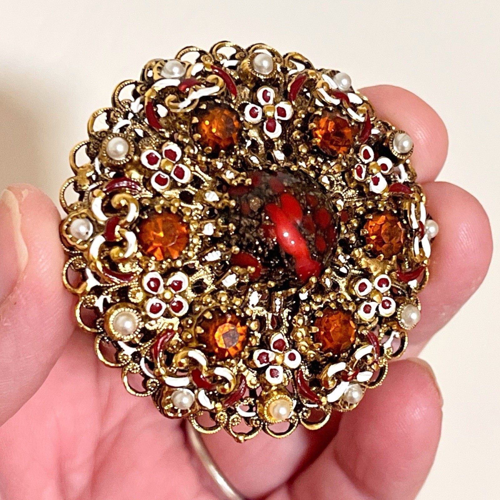 Vintage Brooch Signed Made in Austria Rhinestone Filigree Enameled 1960s