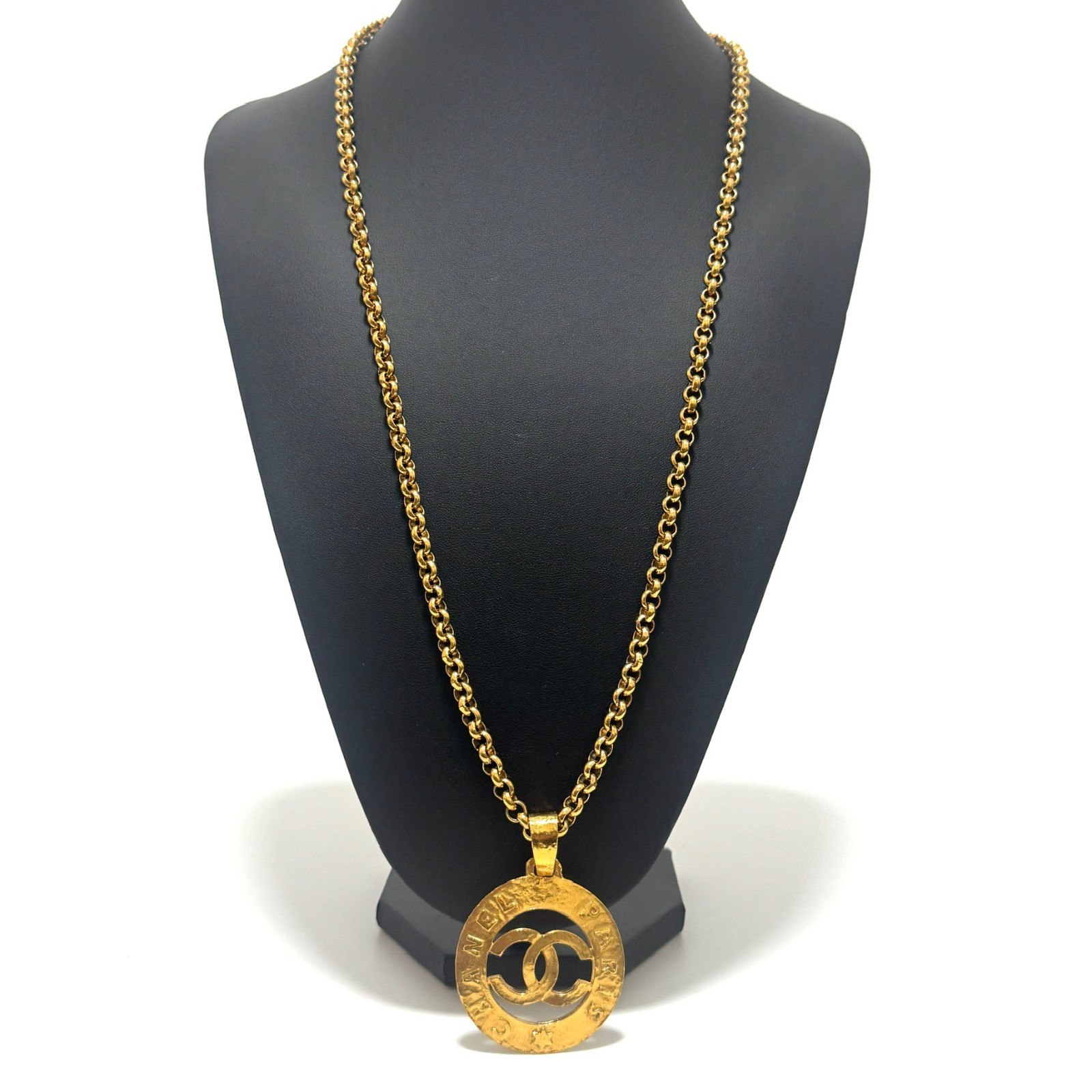 CHANEL 3027 COCO Mark CC Logo Round Necklace Gold Vintage Authentic JAPAN