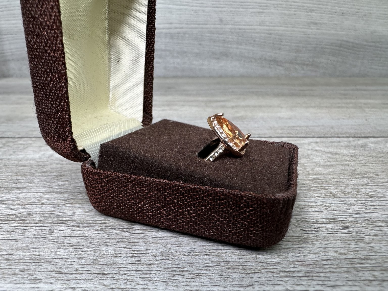 Rose Gold Tone Pear Peach Orange Solitaire Ring Size 6 Pave Accent Fashion