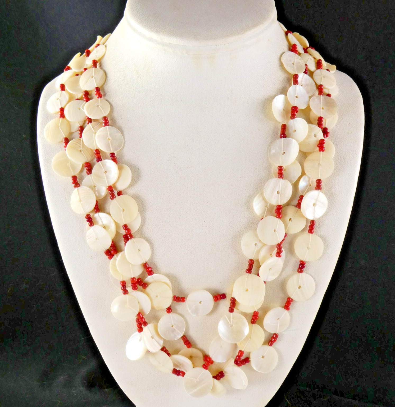 Vintage MOP Shell Disc Button Necklace Multi Strand w/ Coral Seed Beads LOVELY!