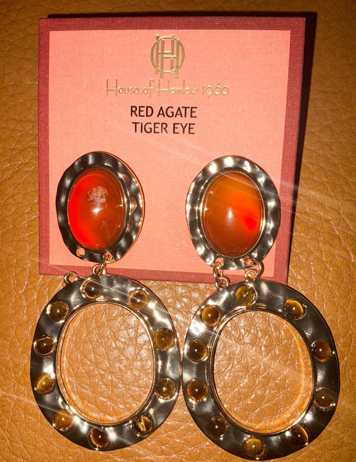 House of Harlow 1960 Red Agate Tiger Eye Gold Tone 2.5” Drop hoop Earrings NWT