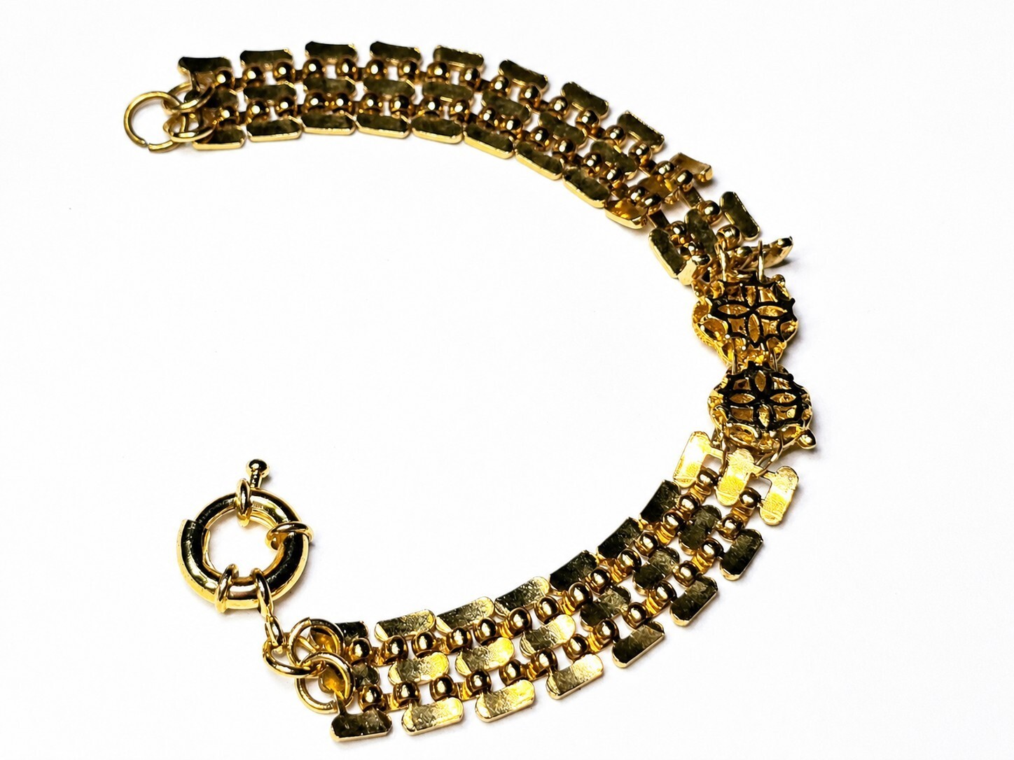 7″ Vintage Gold Tone Double Panther Head Gate Link Bracelet UV Ruby Eyes