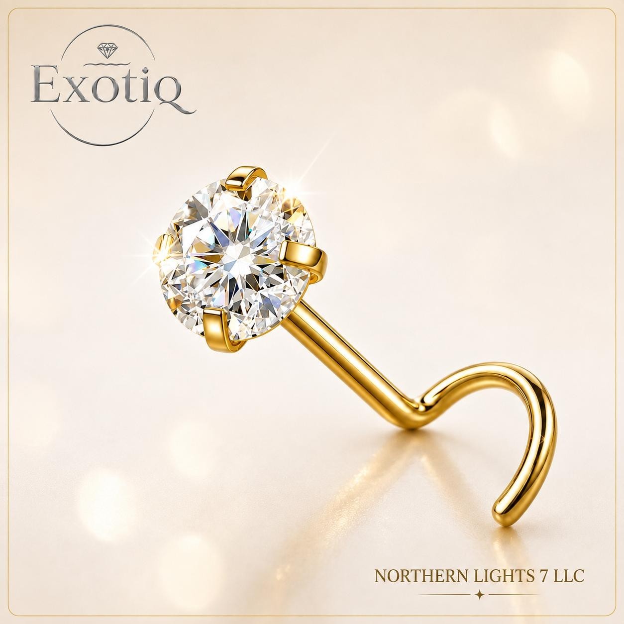 Moissanite Stone Titanium Nose Stud Piercing 18 Gauge L Shape Bol Gold pvd