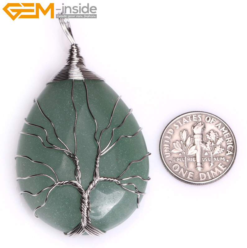 Natural Tree Life Sandstone Aventurine Jewelry TearDrop Pendant Necklace Reiki