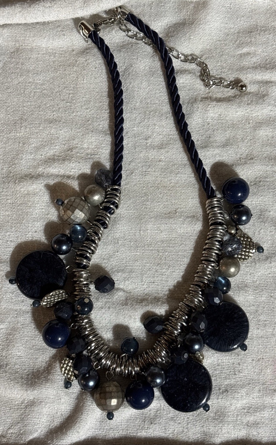 Chico’s Blue Silver Statement Necklace Mixed Beads Rope Cord Coil Accents Bold
