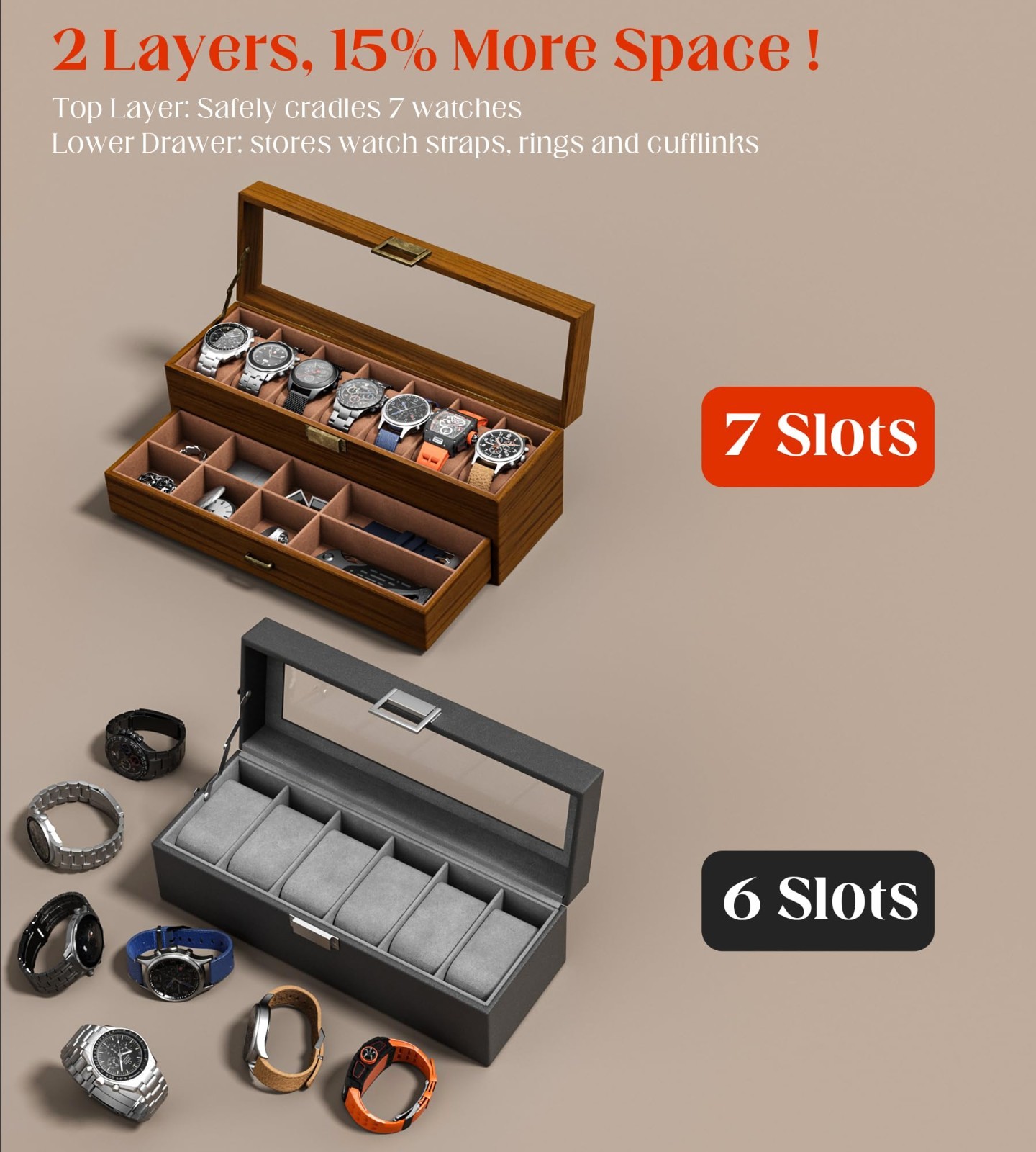 Men’s Watch Case Box – 7 Slots, 2-Layer Wood Grain Organizer with Jewelry Drawer