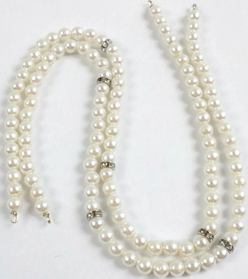 2 -Vintage 13.25″ White 6mm Acrylic Pearls 122 Bead Strand Rhinestone Hooks End