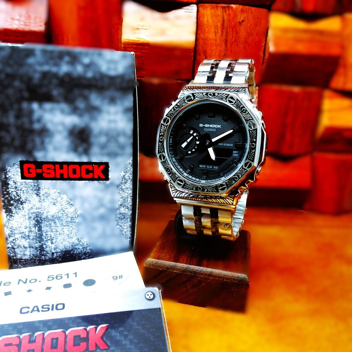 CUSTOM CASIO G-Shock GA-2100-7A Stainless Steel Venetian Pattern New item in Box