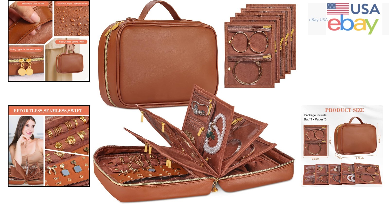 Leather Jewelry Case Organizer with Clear Pouch for Travel and Home Storage