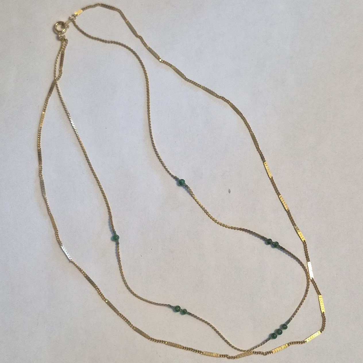 Vintage Tone Double Strand Layered Chain Necklace Green Round Bead Accents