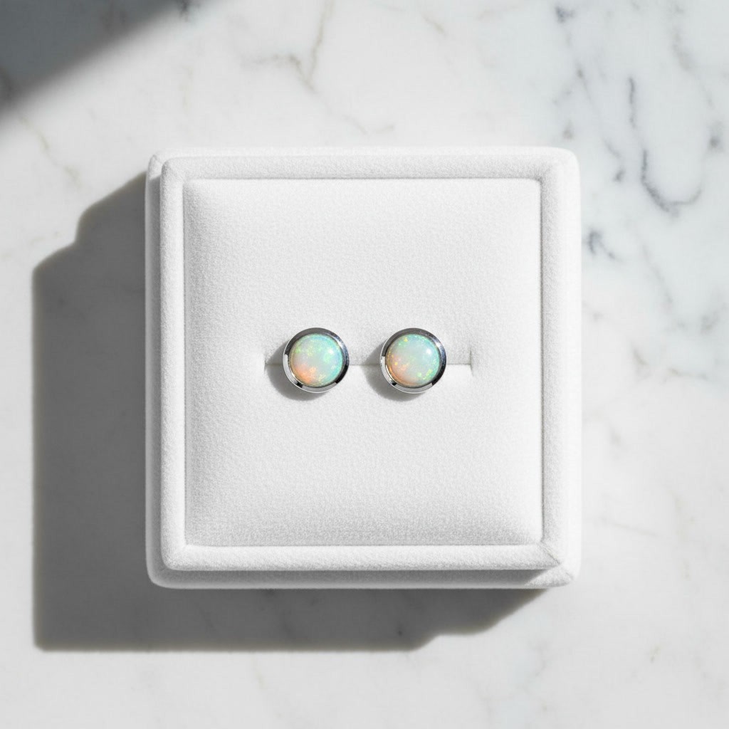 Natural Fire Opal Earrings with Bezel Setting, Round Opal Stud Earrings 5mm