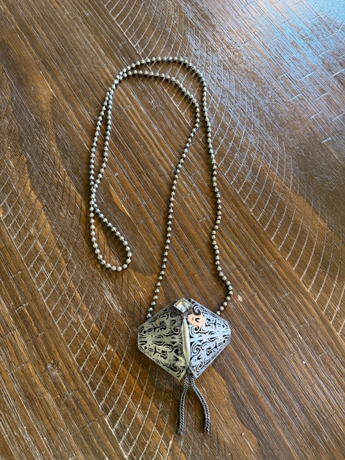 Avant Guard Long Filligree Silver toned Necklace with Crystal on Ball Chain