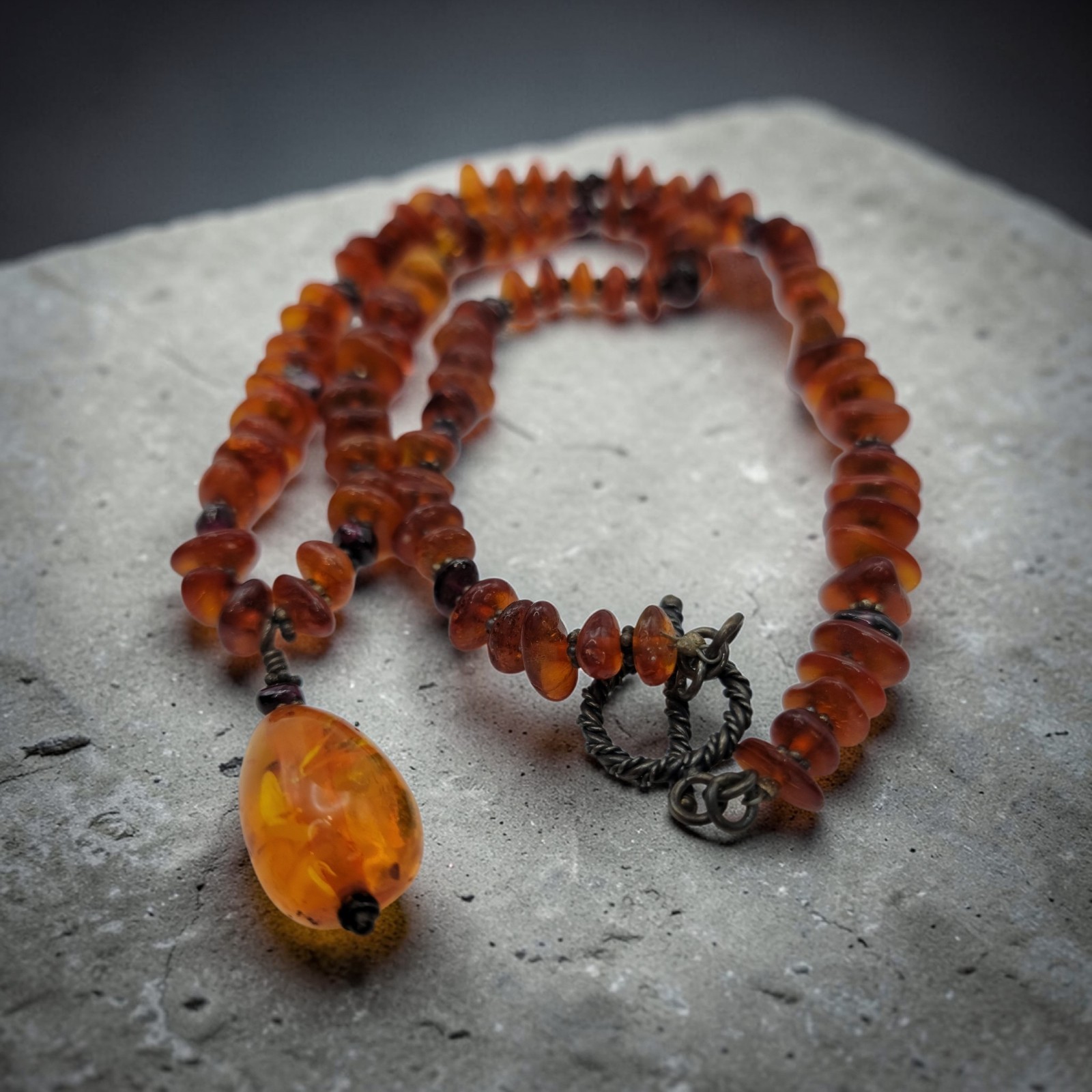 Genuine Amber Amethyst Sterling Silver Wire Wrapped Bead Necklace 19.25″ 28g