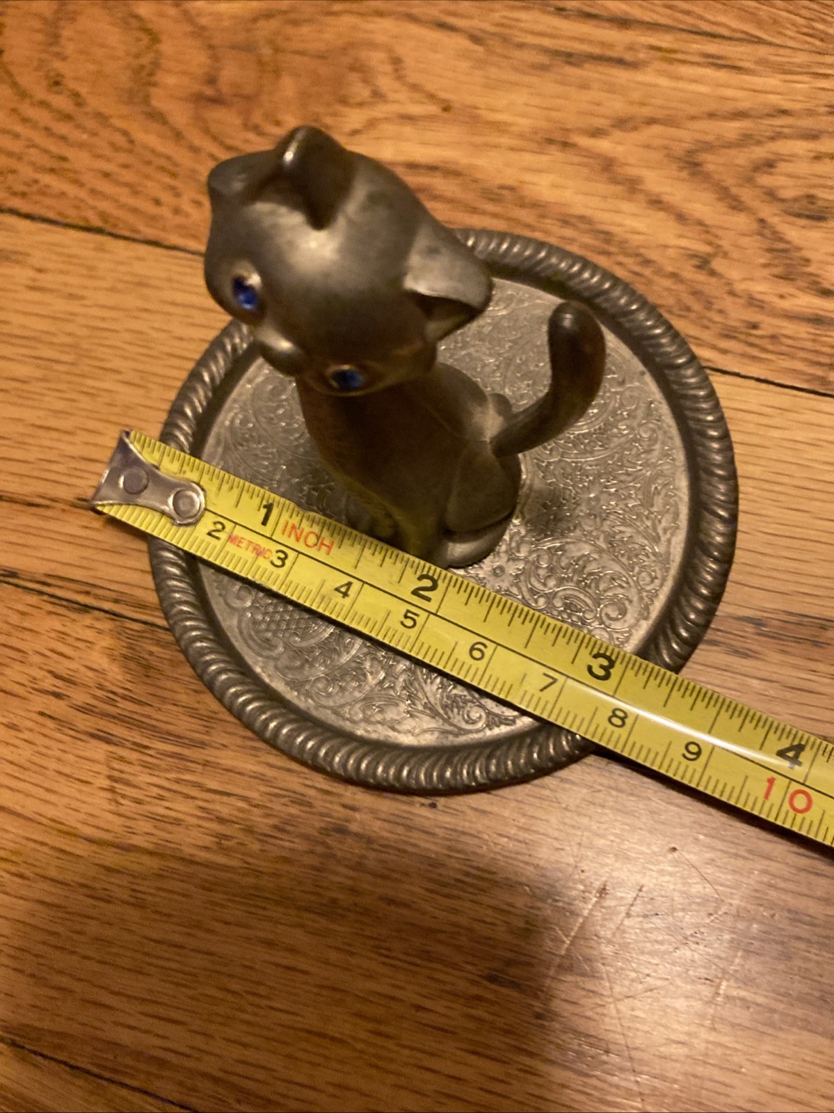 Vintage EP Zinc Alloy SILVER Plated Cat Kitty Kitten Ring Holder BLUE EYES
