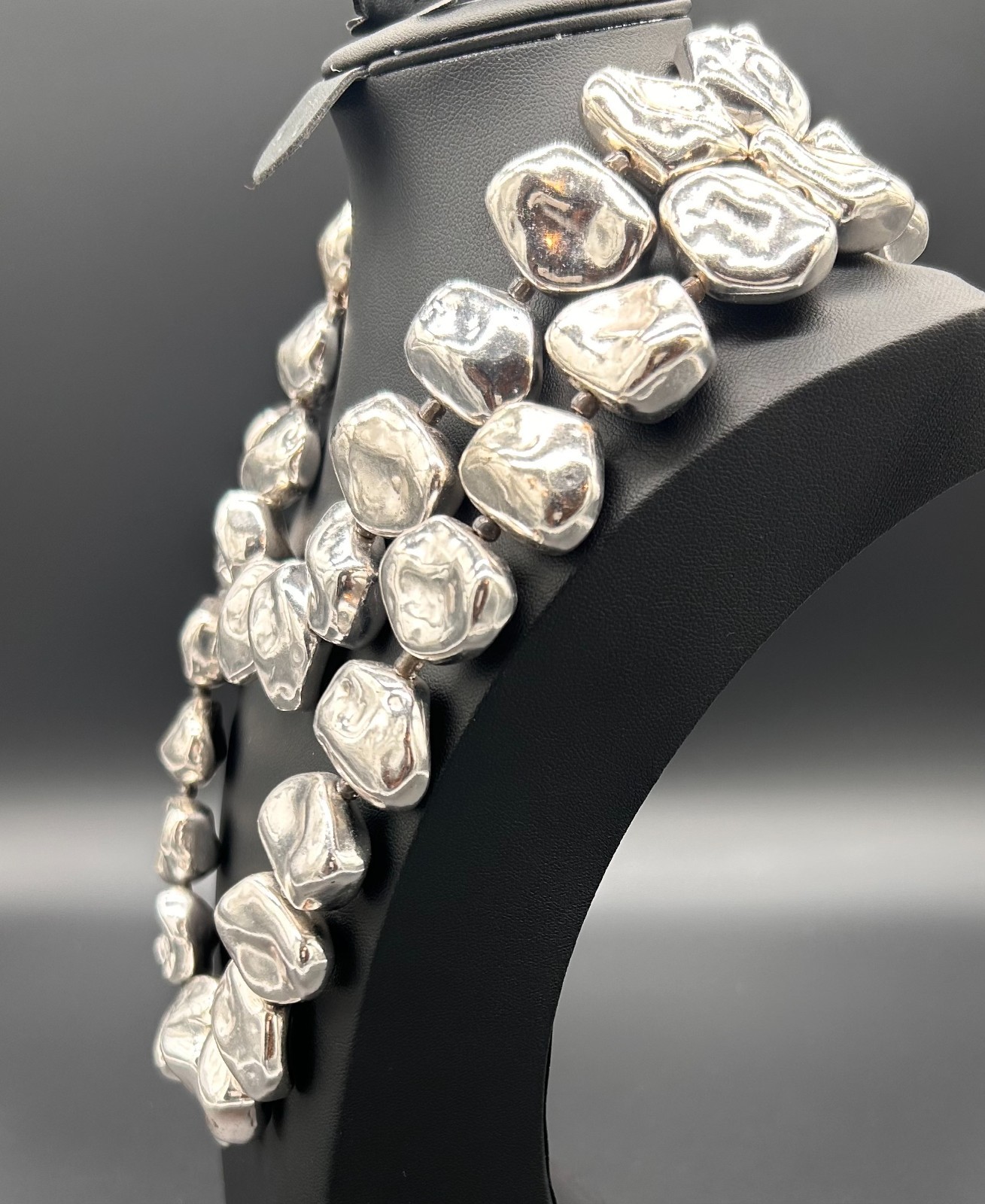 Chico’s Silver Tone Chunky Nugget Pebble Bead Statement Necklace 21″ Long Signed