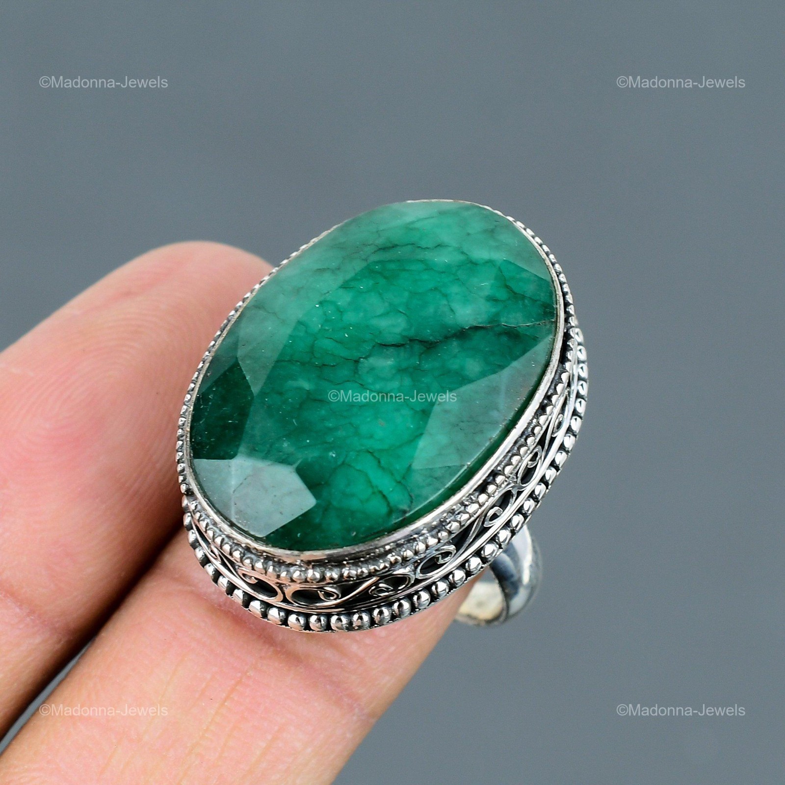 925 Sterling Silver Zambian Emrald Stone Birthday Statement Vintage Ring Jewelry